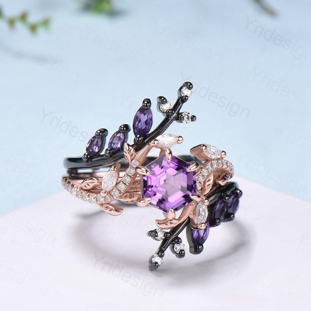 Nature Inspired hexagon amethyst engagement ring set black gold unique snake marquise cut purple gemstone ring bridal wedding set for women - PENFINE