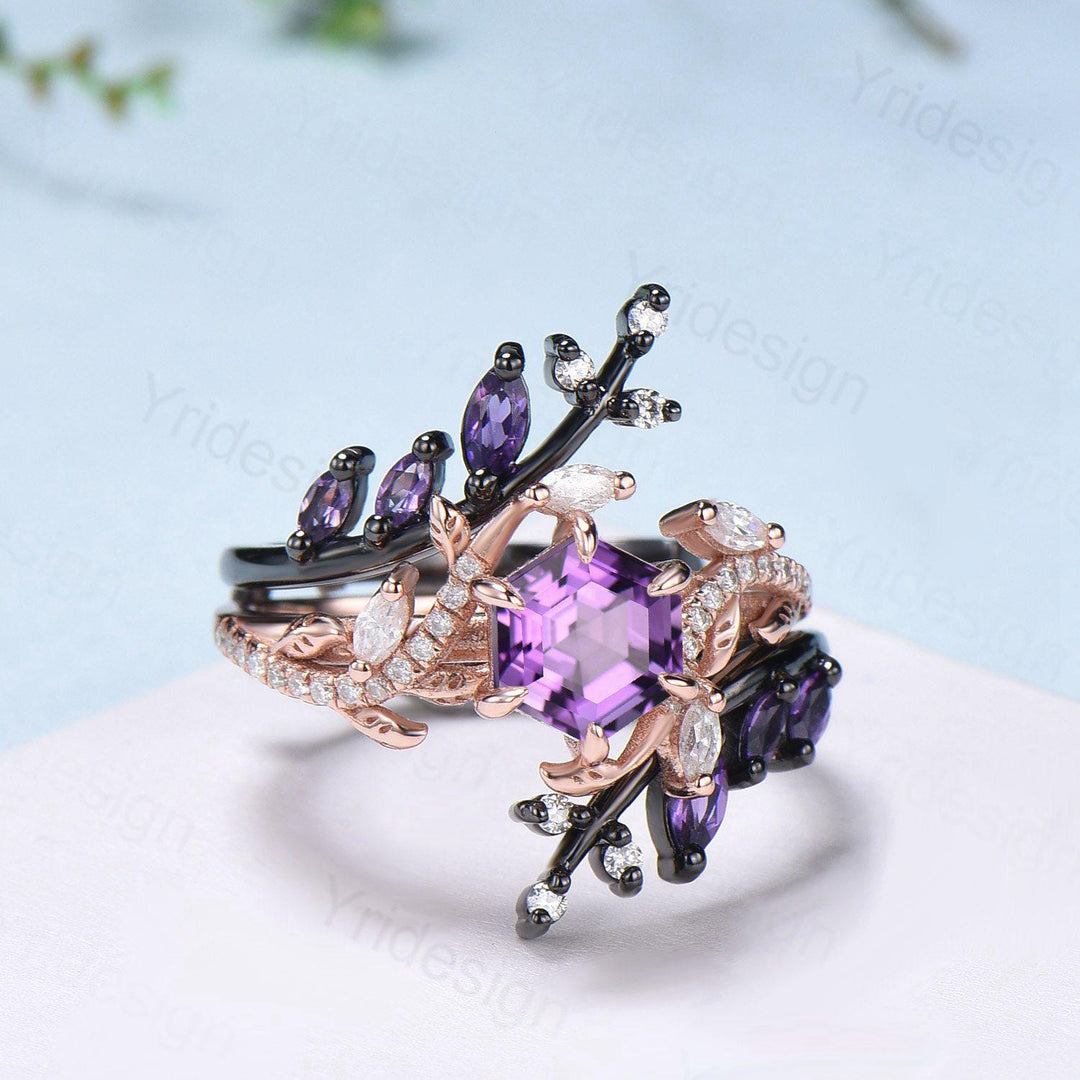 Nature Inspired hexagon amethyst engagement ring set black gold unique snake marquise cut purple gemstone ring bridal wedding set for women - PENFINE