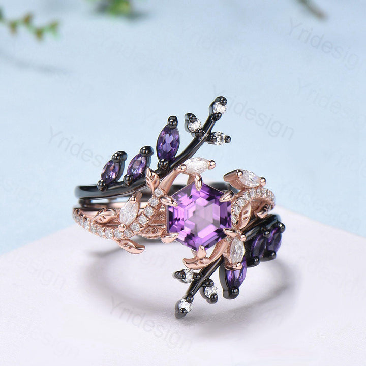 Nature Inspired hexagon amethyst engagement ring set black gold unique snake marquise cut purple gemstone ring bridal wedding set for women - PENFINE