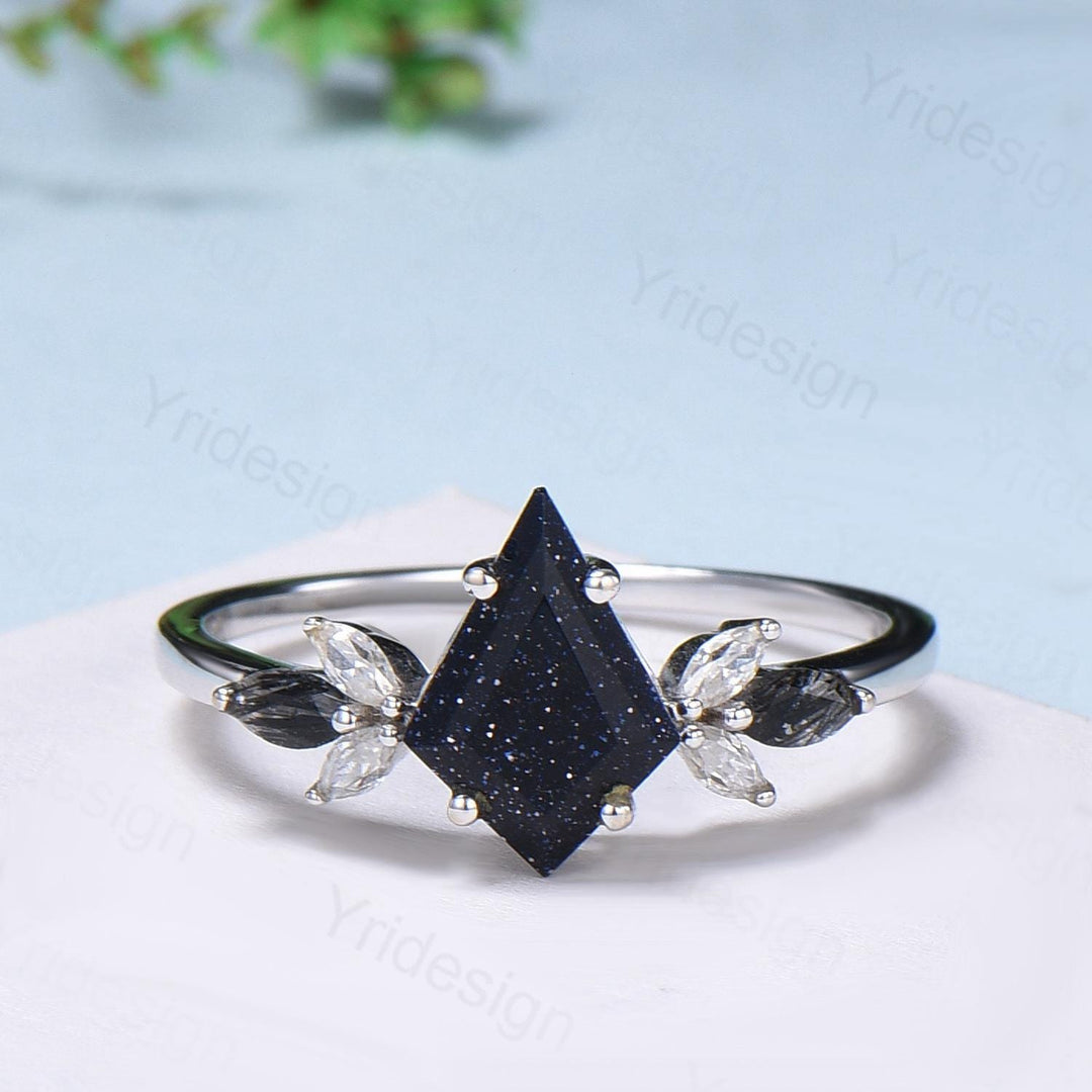 Kite Blue Sandstone Ring Set, Marquise Rutilated Quartz, Art Deco Bridal Ring - PENFINE