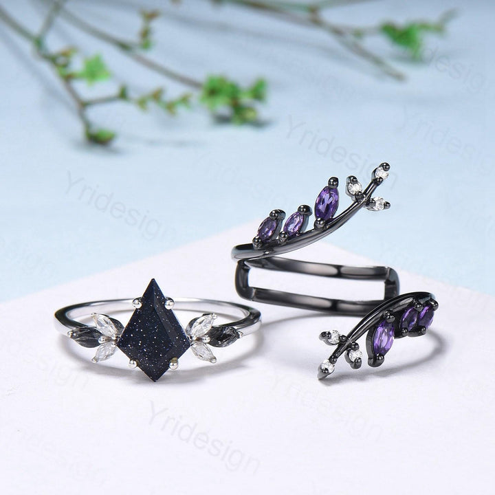 Kite Blue Sandstone Ring Set, Marquise Rutilated Quartz, Art Deco Bridal Ring - PENFINE