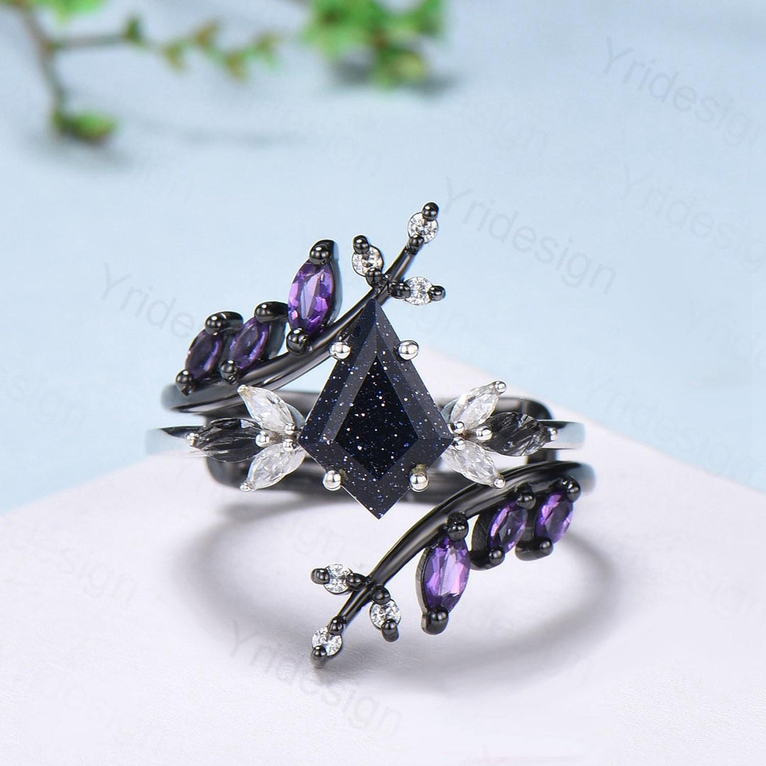 Kite Blue Sandstone Ring Set, Marquise Rutilated Quartz, Art Deco Bridal Ring - PENFINE