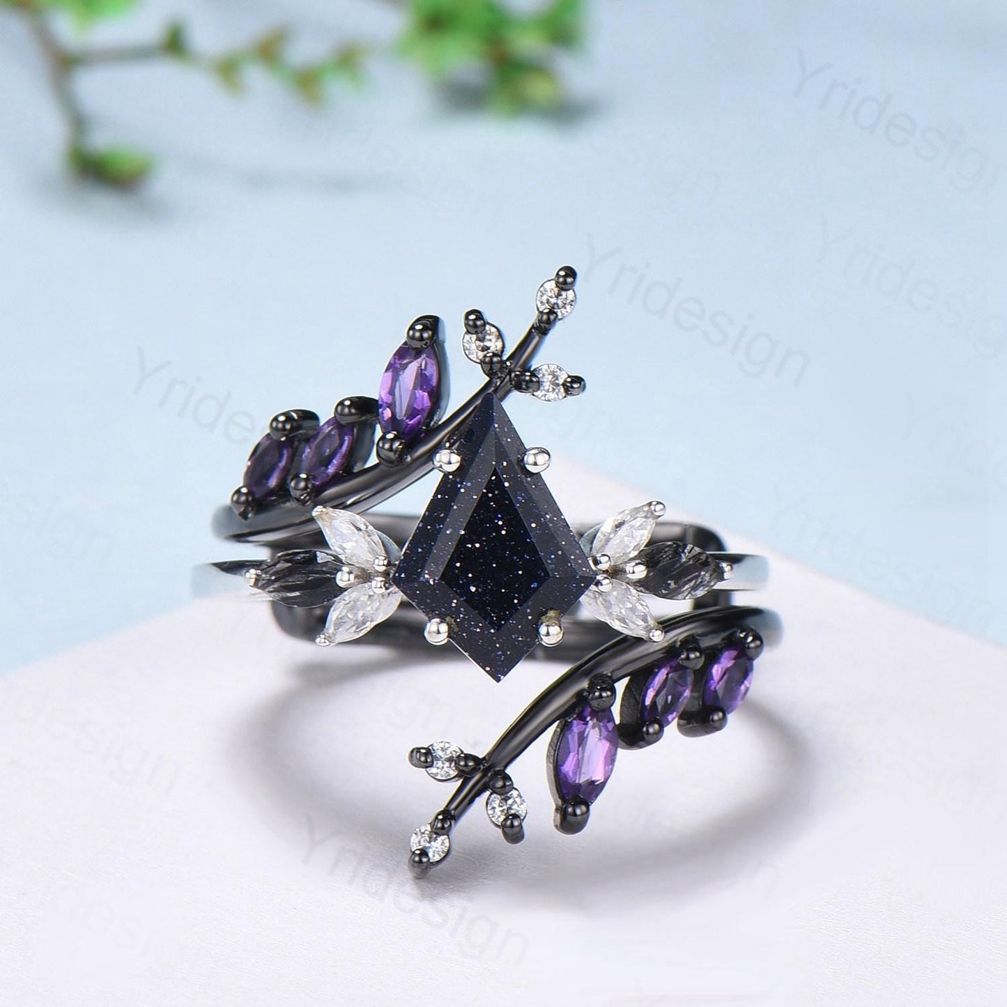 Kite Blue Sandstone Ring Set, Marquise Rutilated Quartz, Art Deco Bridal Ring - PENFINE