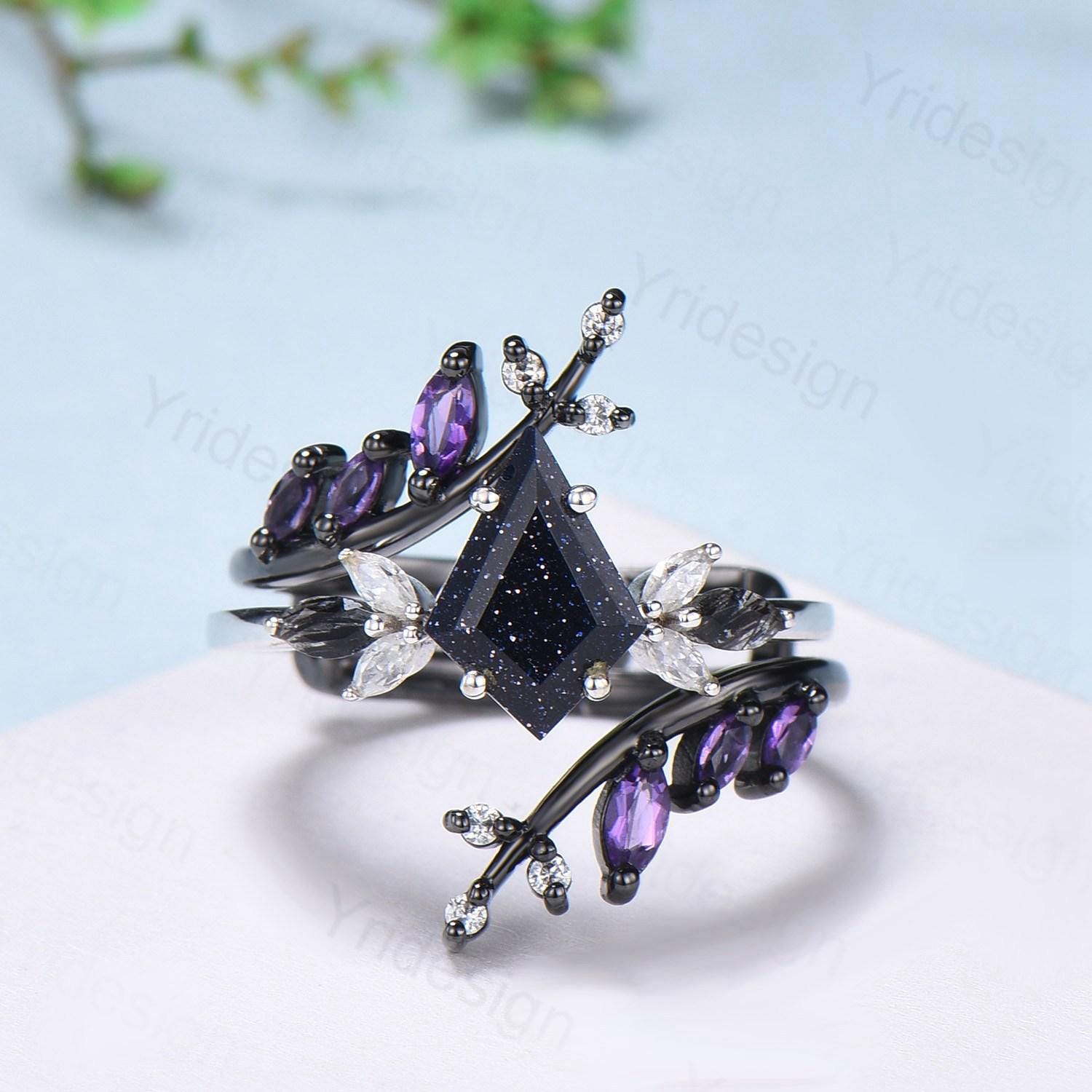 Kite Blue Sandstone Ring Set, Marquise Rutilated Quartz, Art Deco Bridal Ring - PENFINE