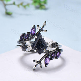 Kite Blue Sandstone Ring Set, Marquise Rutilated Quartz, Art Deco Bridal Ring - PENFINE