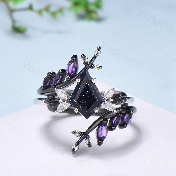 Kite Blue Sandstone Ring Set, Marquise Rutilated Quartz, Art Deco Bridal Ring - PENFINE