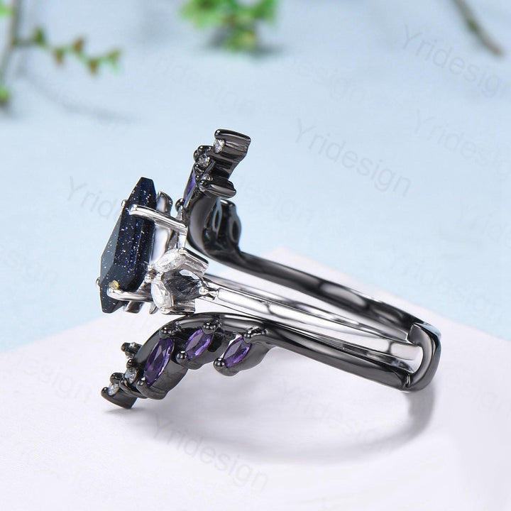 Kite Blue Sandstone Ring Set, Marquise Rutilated Quartz, Art Deco Bridal Ring - PENFINE