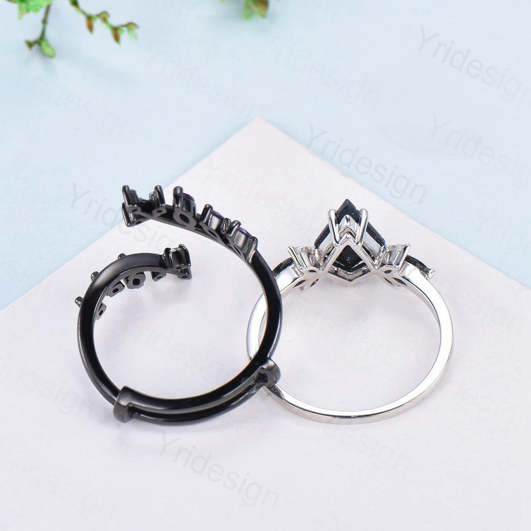 Kite Blue Sandstone Ring Set, Marquise Rutilated Quartz, Art Deco Bridal Ring - PENFINE