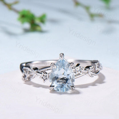 Vintage Natural Aquamarine Engagement Ring Pear Shaped 14K White Gold Moon Star Wedding Ring March Birthstone Moonstone Promise Ring Women - PENFINE