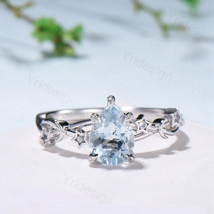 Vintage Natural Aquamarine Engagement Ring Pear Shaped 14K White Gold Moon Star Wedding Ring March Birthstone Moonstone Promise Ring Women - PENFINE