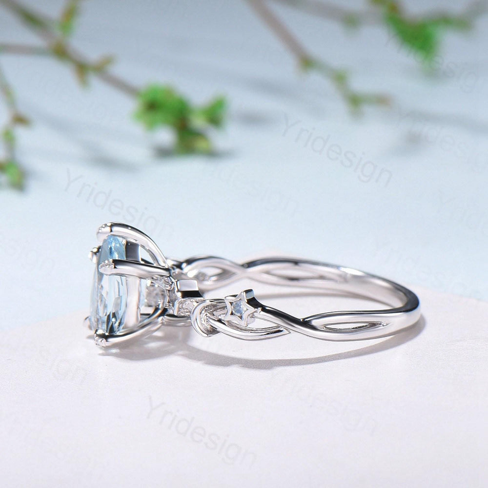 Vintage Natural Aquamarine Engagement Ring Pear Shaped 14K White Gold Moon Star Wedding Ring March Birthstone Moonstone Promise Ring Women - PENFINE