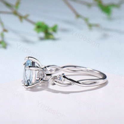 Vintage Natural Aquamarine Engagement Ring Pear Shaped 14K White Gold Moon Star Wedding Ring March Birthstone Moonstone Promise Ring Women - PENFINE