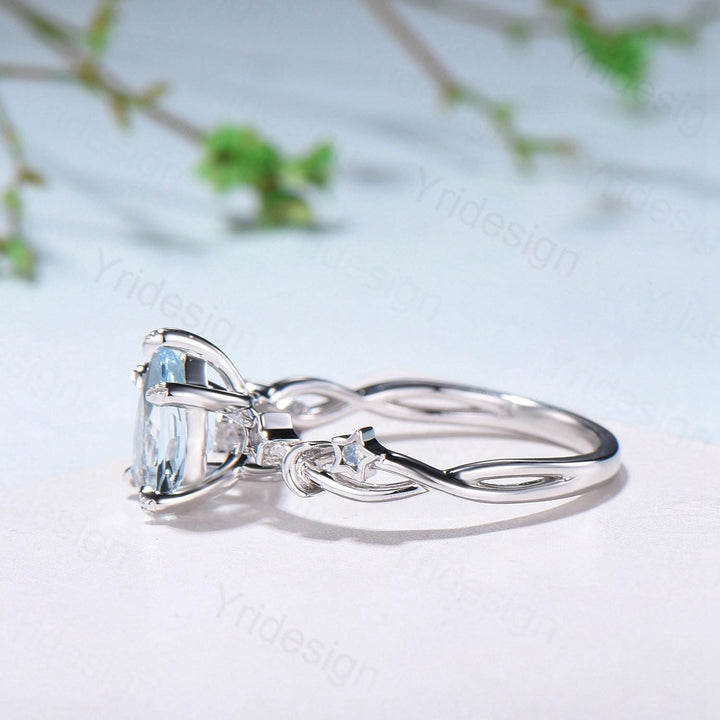 Vintage Natural Aquamarine Engagement Ring Pear Shaped 14K White Gold Moon Star Wedding Ring March Birthstone Moonstone Promise Ring Women - PENFINE