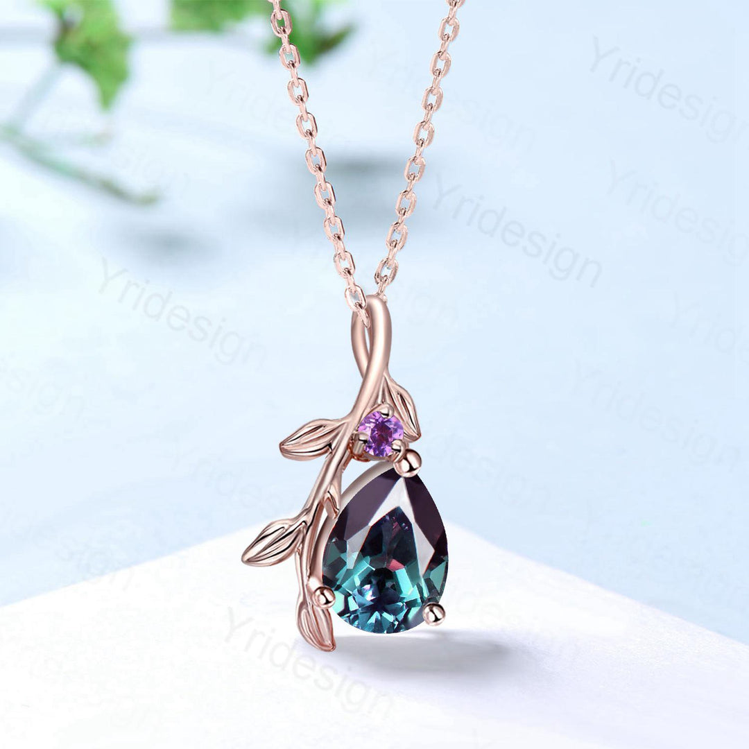 Natural Inspired Alexandrite Pendant Necklace Amethyst leaf branch necklace elegant twisted pendant June birthstone anniversary gifts Women - PENFINE