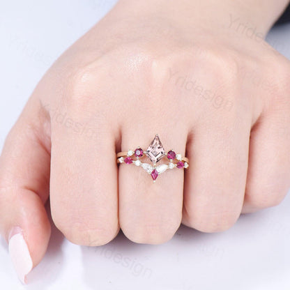 Vintage Kite Cut Morganite Engagement Ring Set Five Stone Ruby Natural Morganite Bridal Wedding ring Set Art Deco Anniversary Promise Gifts - PENFINE