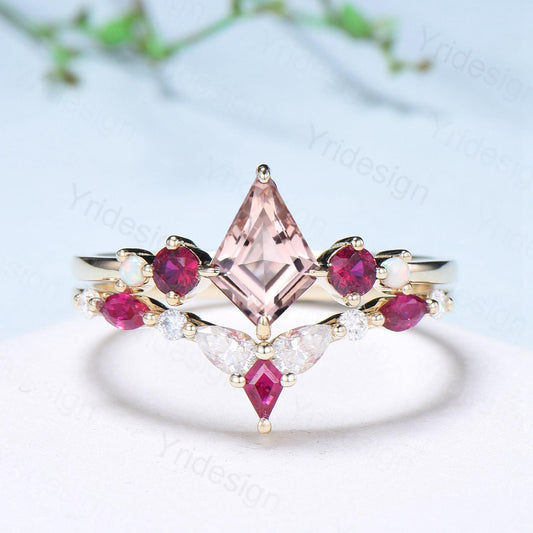 Vintage Kite Cut Morganite Engagement Ring Set Five Stone Ruby Natural Morganite Bridal Wedding ring Set Art Deco Anniversary Promise Gifts - PENFINE
