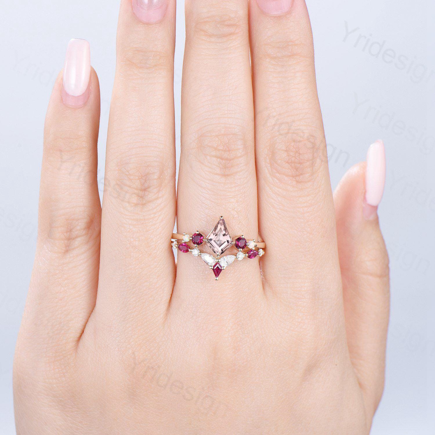 Vintage Kite Cut Morganite Engagement Ring Set Five Stone Ruby Natural Morganite Bridal Wedding ring Set Art Deco Anniversary Promise Gifts - PENFINE