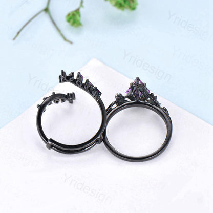 Gothic Aquamarine ring set Unique 7x10mm kite cut aquamarine engagement ring set black gold marquise moonstone nature inspired wedding set - PENFINE