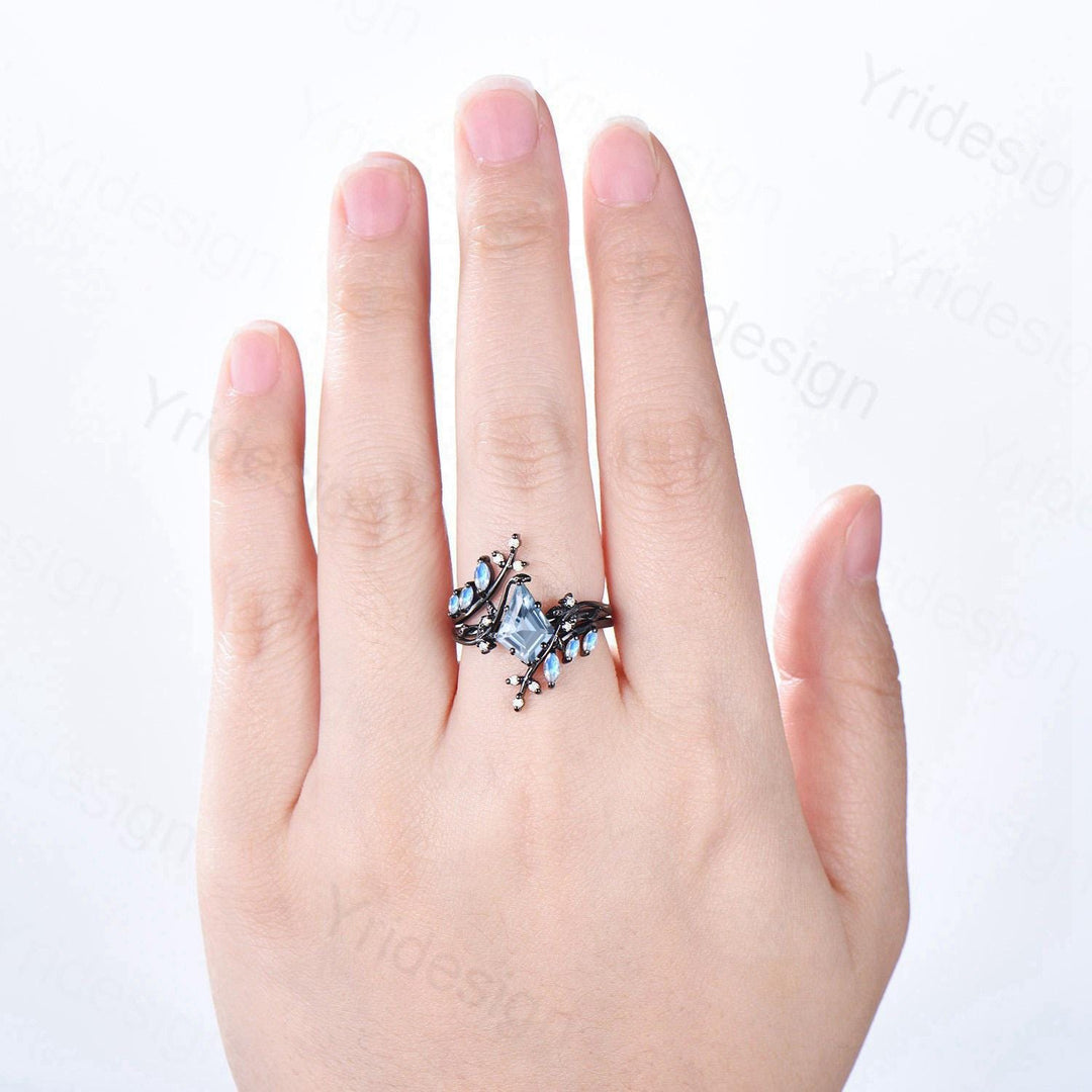 Gothic Aquamarine ring set Unique 7x10mm kite cut aquamarine engagement ring set black gold marquise moonstone nature inspired wedding set - PENFINE