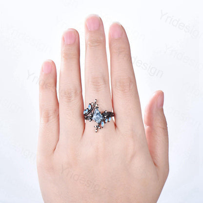 Gothic Aquamarine ring set Unique 7x10mm kite cut aquamarine engagement ring set black gold marquise moonstone nature inspired wedding set - PENFINE