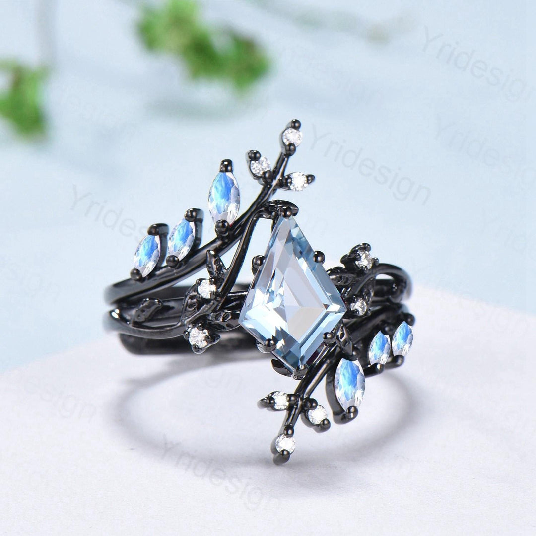 Gothic Aquamarine ring set Unique 7x10mm kite cut aquamarine engagement ring set black gold marquise moonstone nature inspired wedding set - PENFINE