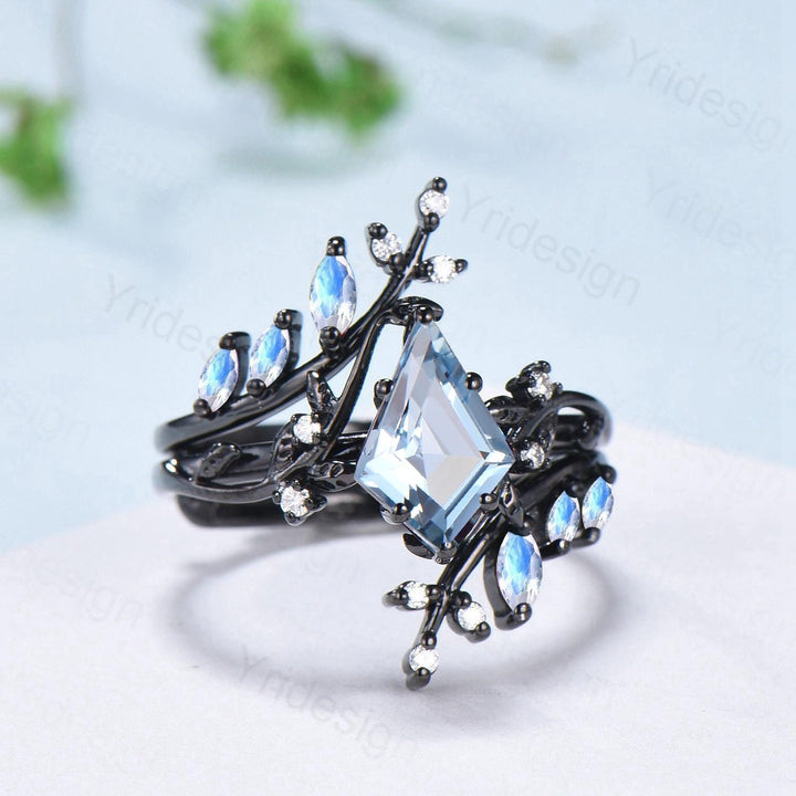 Gothic Aquamarine ring set Unique 7x10mm kite cut aquamarine engagement ring set black gold marquise moonstone nature inspired wedding set - PENFINE
