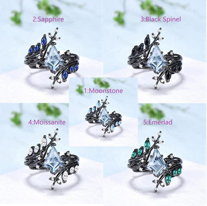 Gothic Aquamarine ring set Unique 7x10mm kite cut aquamarine engagement ring set black gold marquise moonstone nature inspired wedding set - PENFINE