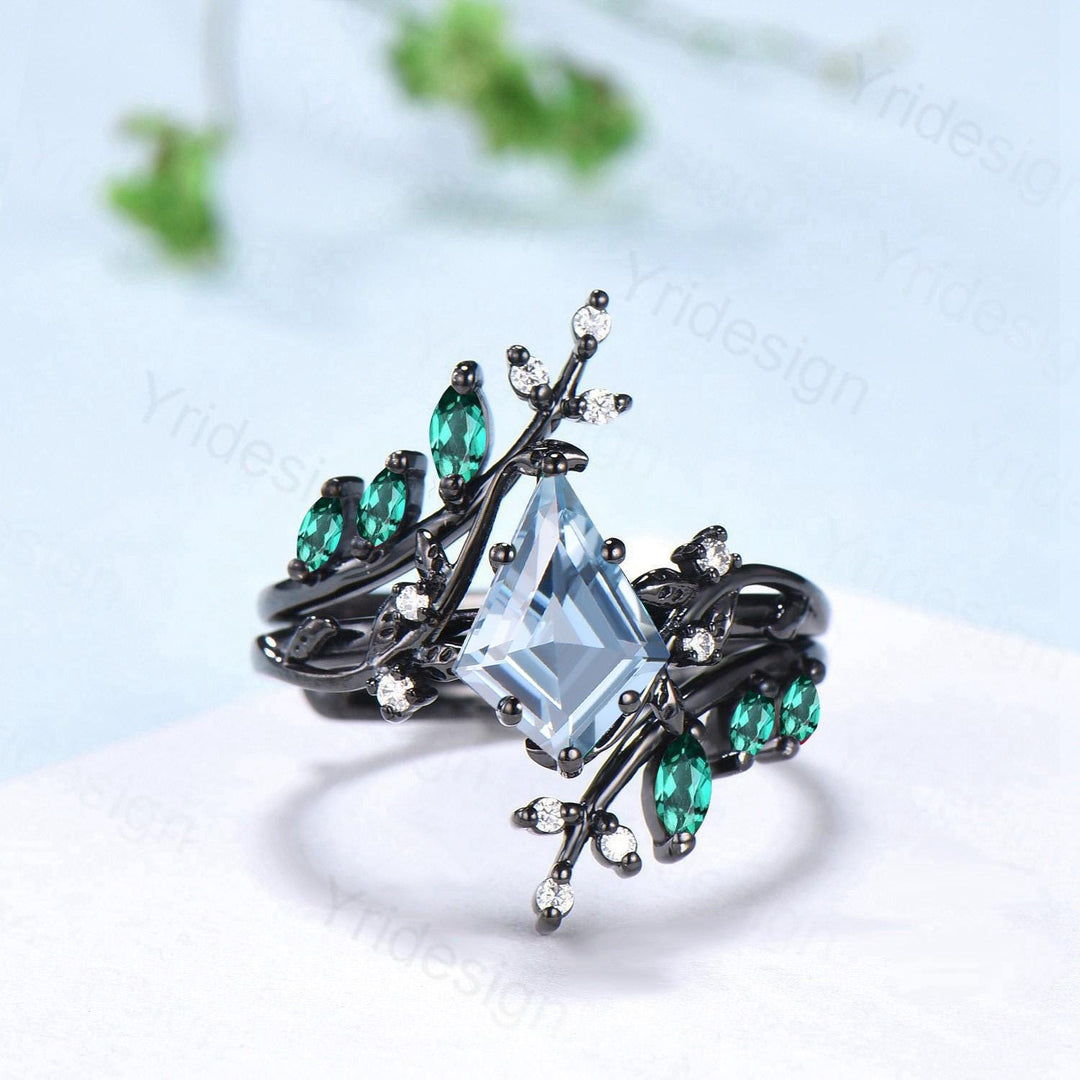 Gothic Aquamarine ring set Unique 7x10mm kite cut aquamarine engagement ring set black gold marquise moonstone nature inspired wedding set - PENFINE