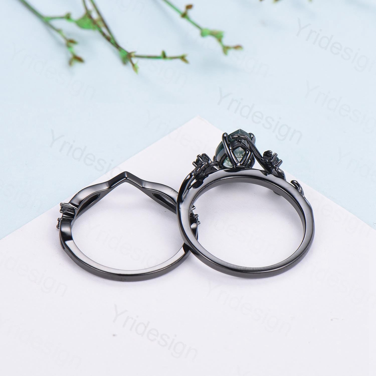 Pear shaped natural black onyx engagement ring set leaf design emerald gothic wedding set twig vine nature inspired emerald 2pcs bridal set - PENFINE