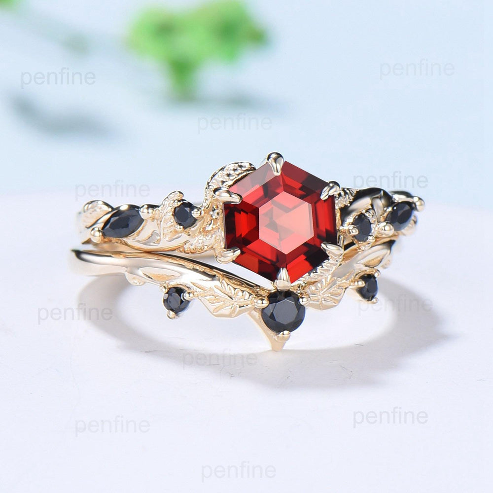 Vintage Hexagon cut garnet engagement ring set Nature Inspired black spinel wedding ring set 14k Yellow Gold Twig Vine bridal set for women - PENFINE