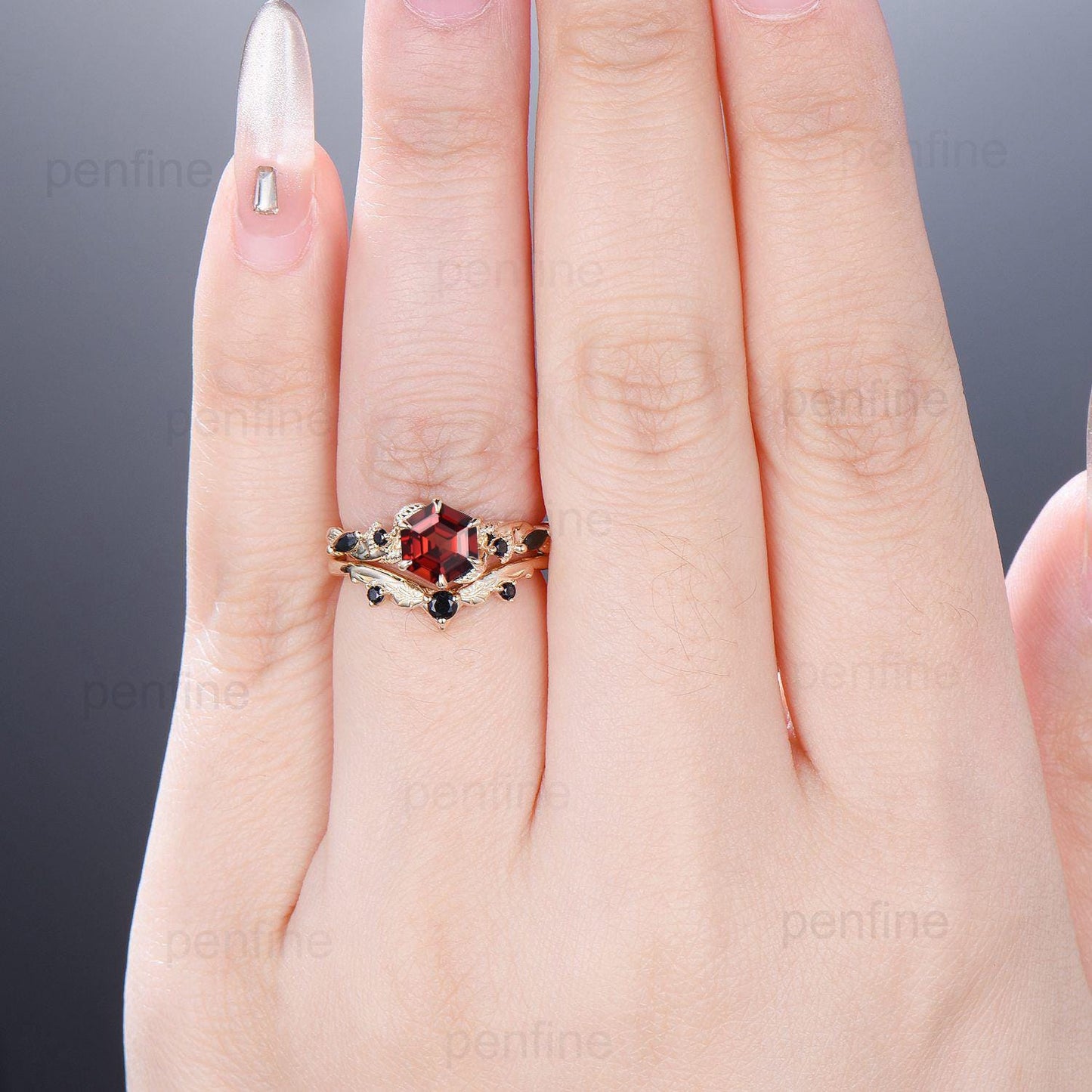 Vintage Hexagon cut garnet engagement ring set Nature Inspired black spinel wedding ring set 14k Yellow Gold Twig Vine bridal set for women - PENFINE