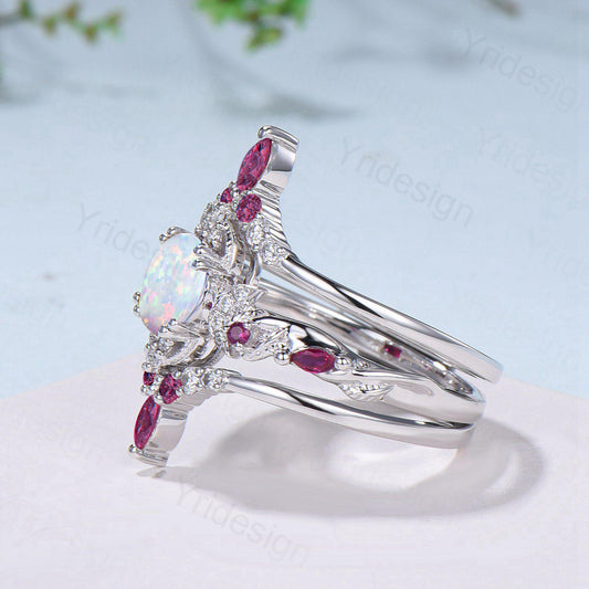 Vintage White Opal Engagement Ring Set Leaf Vine Nature Inspired Fire Opal Ruby Wedding Ring Five Stone Moissanite Bridal Ring Set for Women - PENFINE