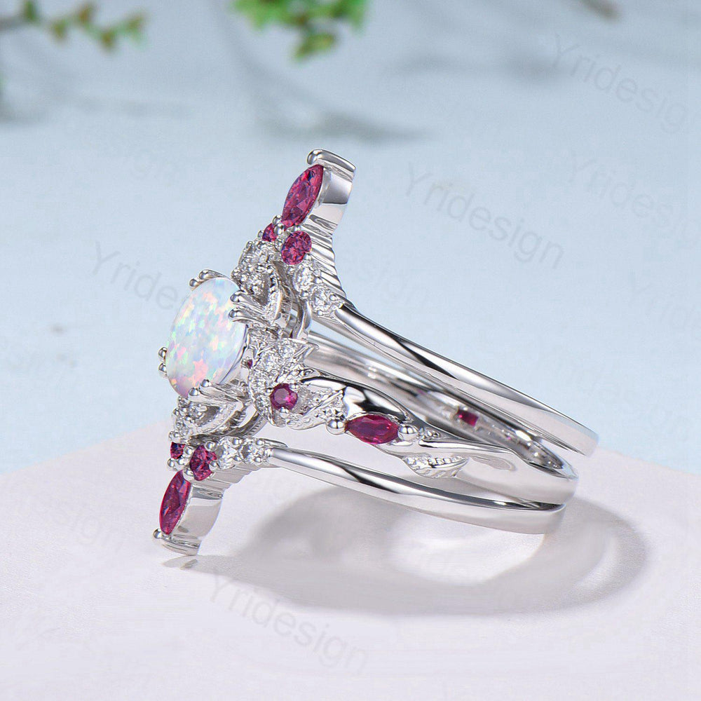 Vintage White Opal Engagement Ring Set Leaf Vine Nature Inspired Fire Opal Ruby Wedding Ring Five Stone Moissanite Bridal Ring Set for Women - PENFINE