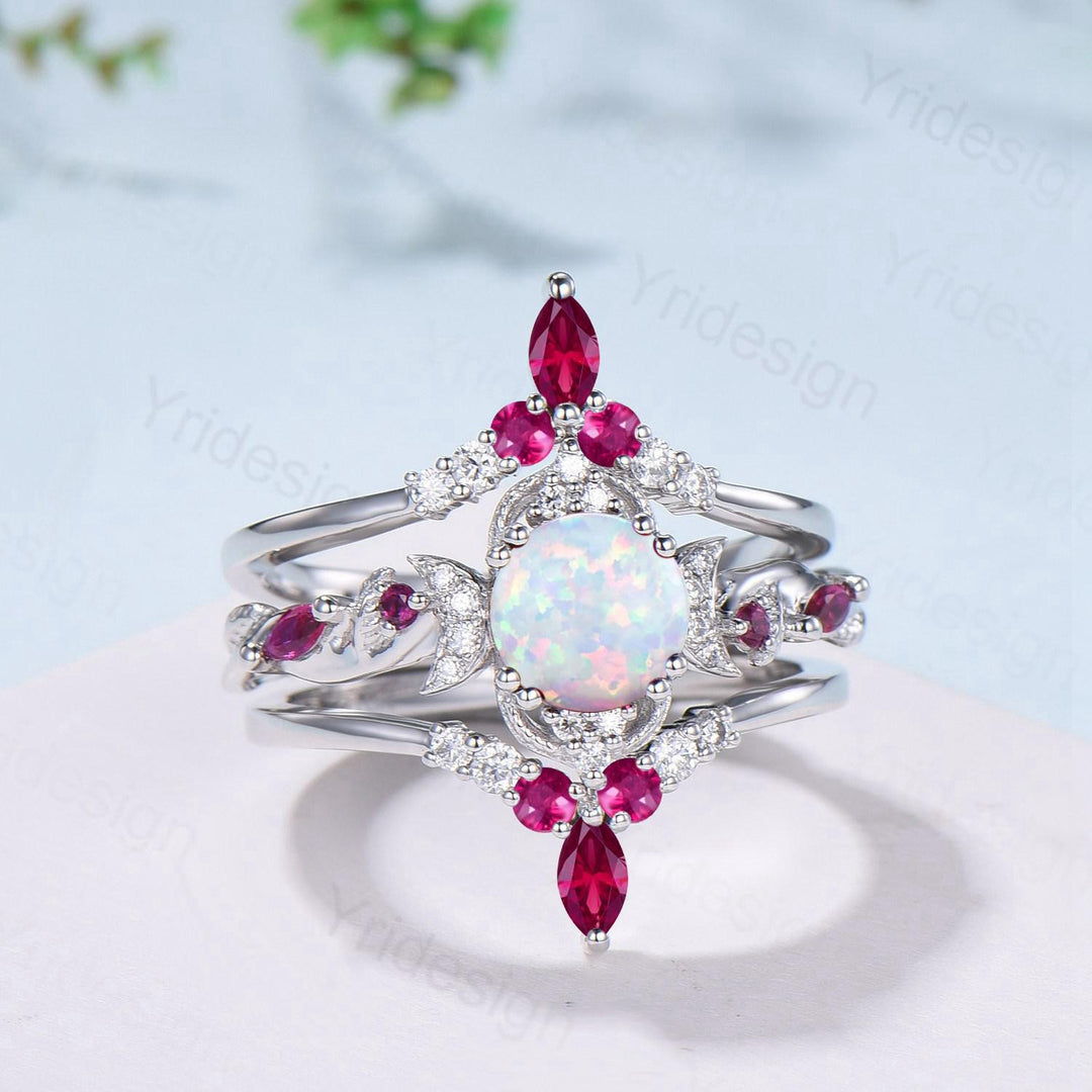 Vintage White Opal Engagement Ring Set Leaf Vine Nature Inspired Fire Opal Ruby Wedding Ring Five Stone Moissanite Bridal Ring Set for Women - PENFINE