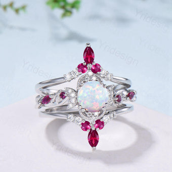 Vintage White Opal Engagement Ring Set Leaf Vine Nature Inspired Fire Opal Ruby Wedding Ring Five Stone Moissanite Bridal Ring Set for Women - PENFINE