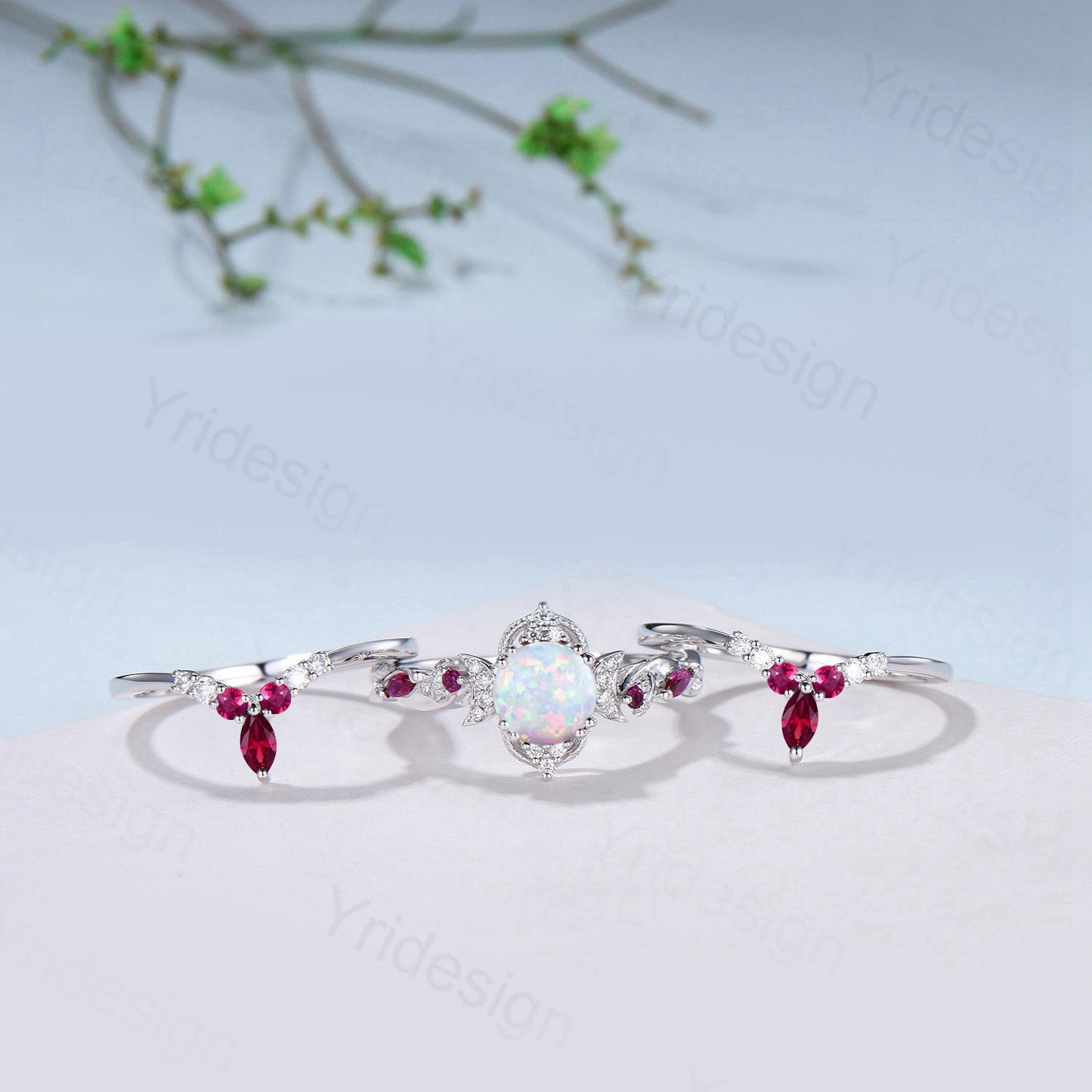 Vintage White Opal Engagement Ring Set Leaf Vine Nature Inspired Fire Opal Ruby Wedding Ring Five Stone Moissanite Bridal Ring Set for Women - PENFINE