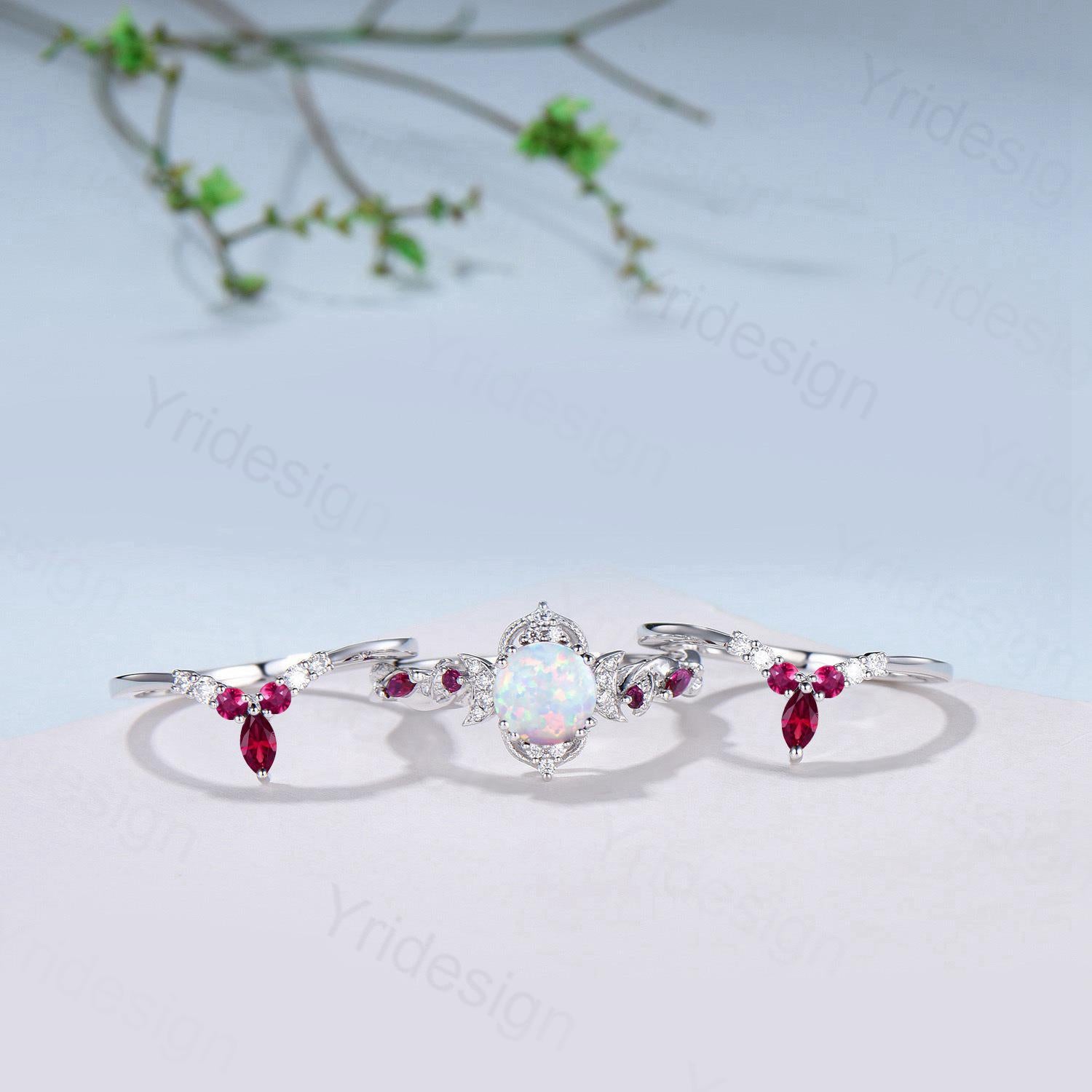 Vintage White Opal Engagement Ring Set Leaf Vine Nature Inspired Fire Opal Ruby Wedding Ring Five Stone Moissanite Bridal Ring Set for Women - PENFINE