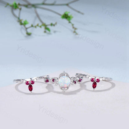Vintage White Opal Engagement Ring Set Leaf Vine Nature Inspired Fire Opal Ruby Wedding Ring Five Stone Moissanite Bridal Ring Set for Women - PENFINE