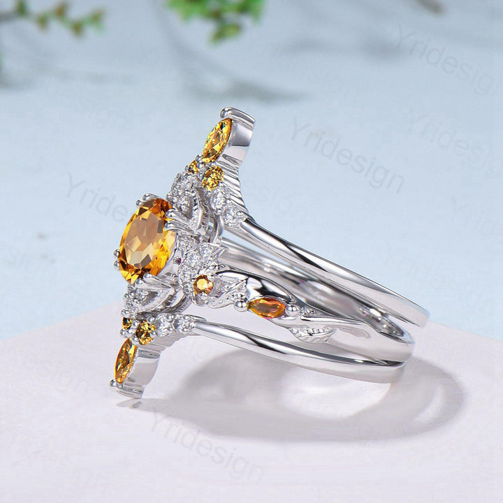 Vintage Round Cut Citrine Engagement Ring Set Nature Inspired November Birthstone Wedding Ring Set Art Deco Moissanite Bridal Set for Women - PENFINE