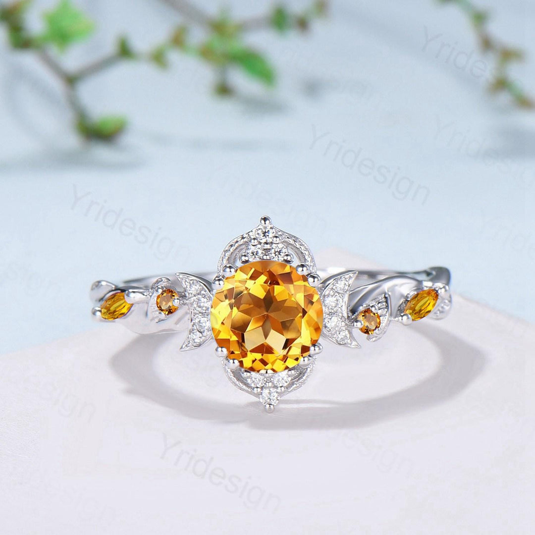 Vintage Round Cut Citrine Engagement Ring Set Nature Inspired November Birthstone Wedding Ring Set Art Deco Moissanite Bridal Set for Women - PENFINE