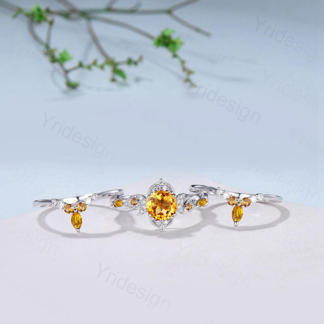 Vintage Round Cut Citrine Engagement Ring Set Nature Inspired November Birthstone Wedding Ring Set Art Deco Moissanite Bridal Set for Women - PENFINE