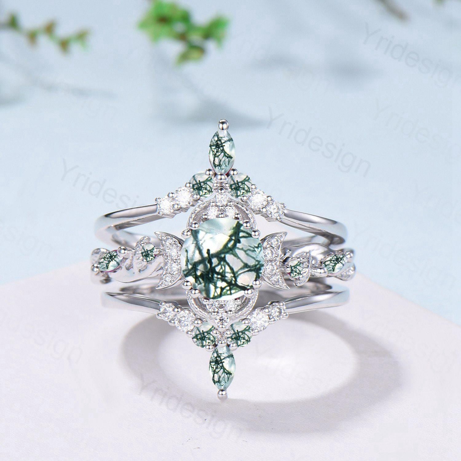 Vintage Natural Moss Agate Engagement Ring Set Nature Inspired Leaf Vine Round Cut Green Agate Wedding Ring Art Deco 3Pcs Bridal Ring Set - PENFINE