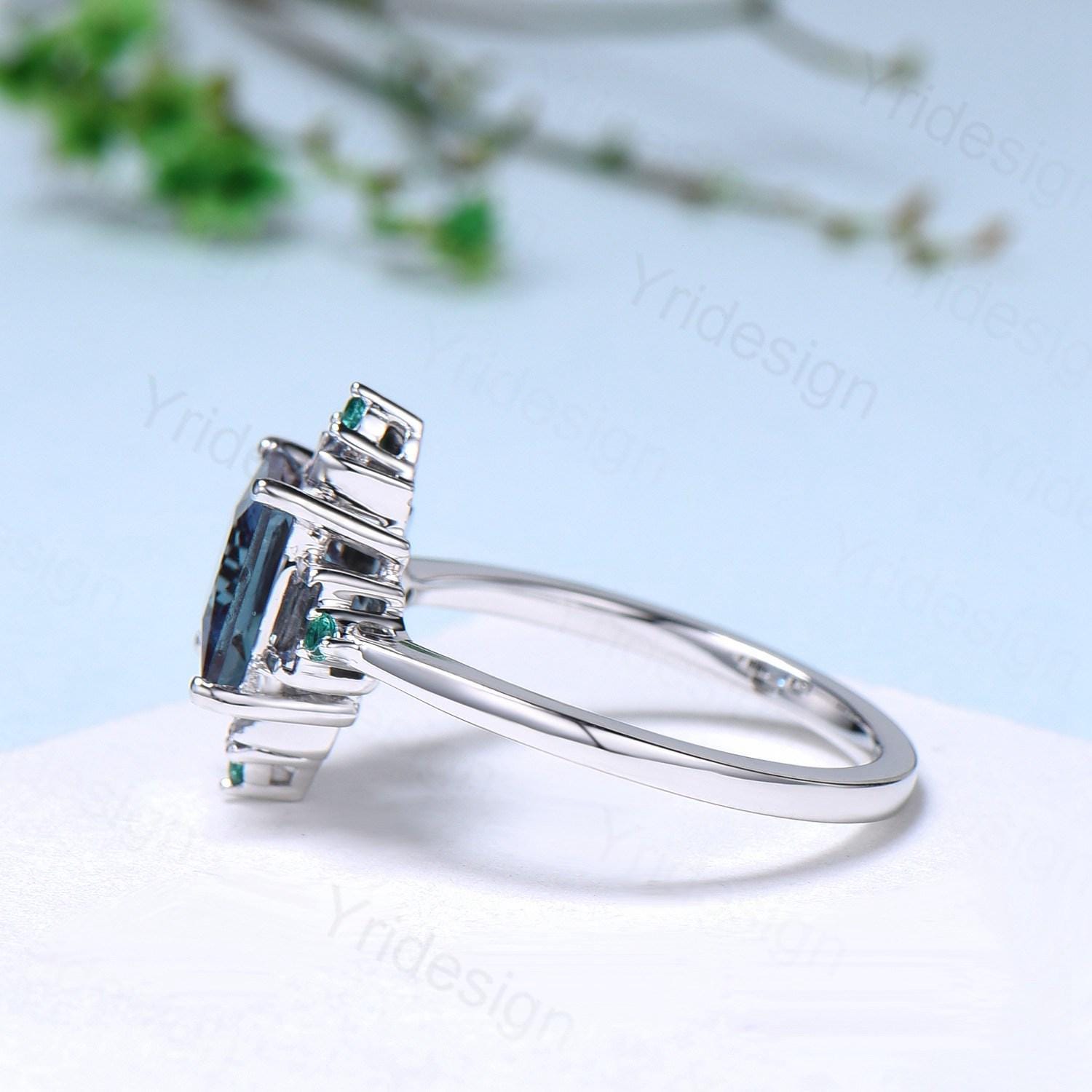 Unique 2 carat princess cut lavender amethyst ring halo baguette alexandrite purple engagement ring 14k white gold art deco anniversary gift - PENFINE