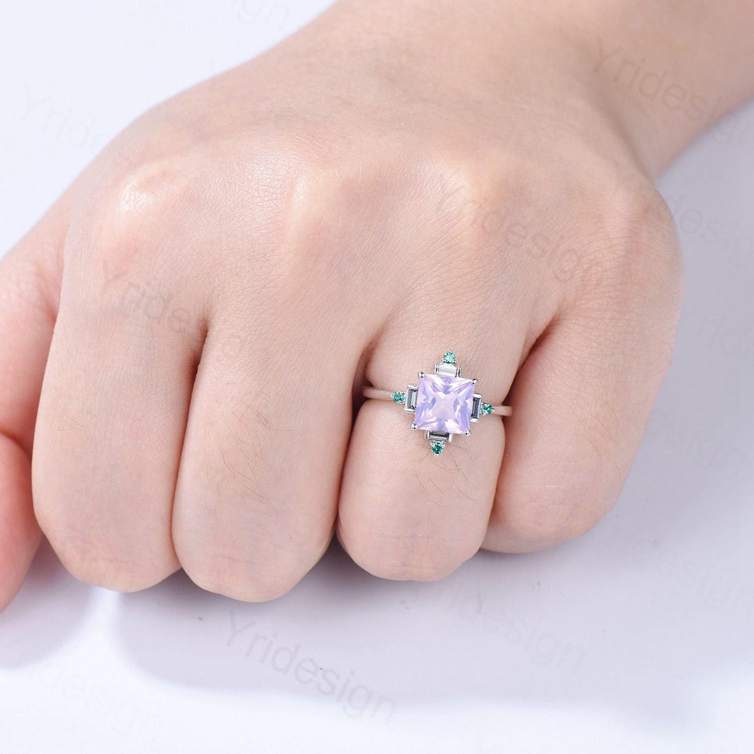 Unique 2 carat princess cut lavender amethyst ring halo baguette alexandrite purple engagement ring 14k white gold art deco anniversary gift - PENFINE