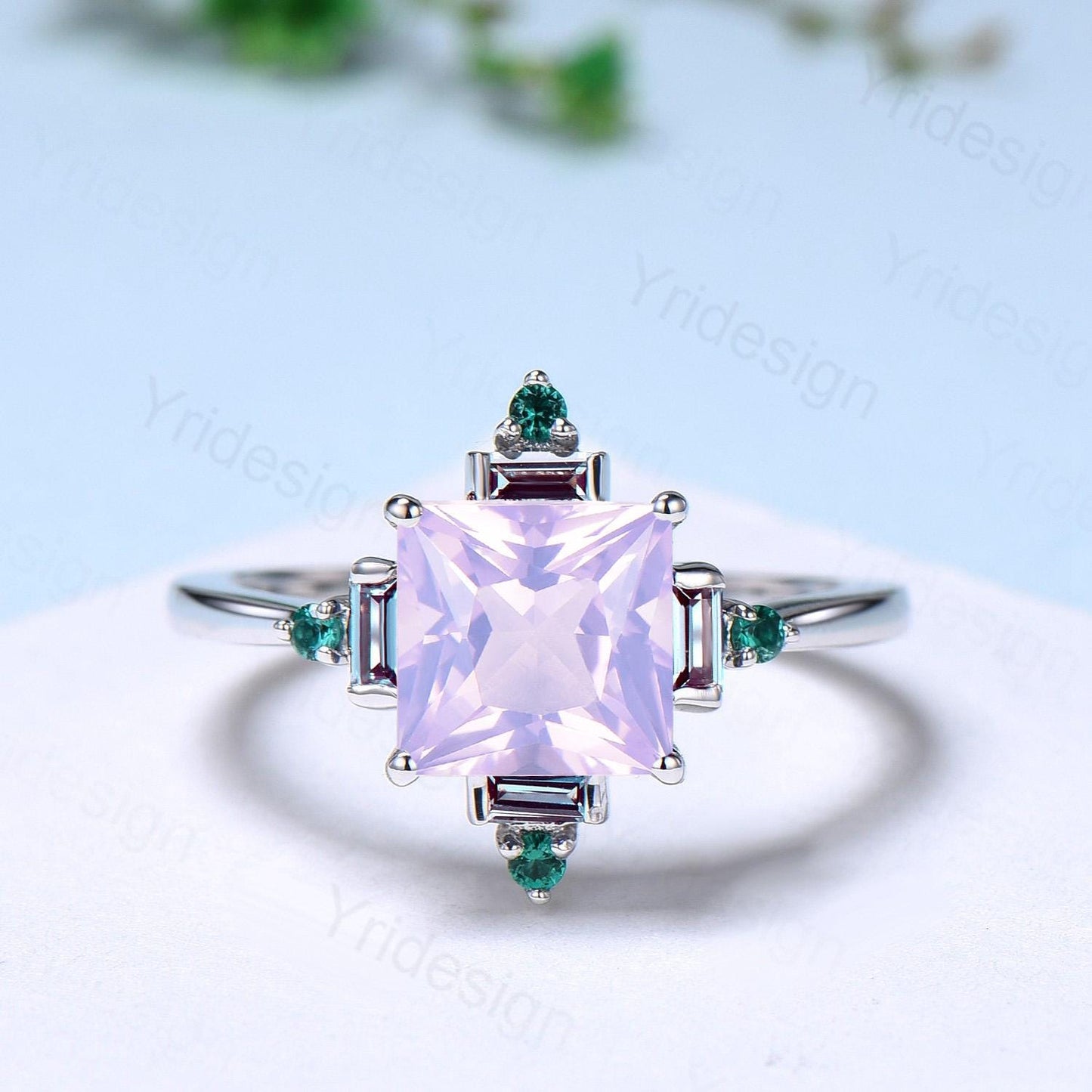 Unique 2 carat princess cut lavender amethyst ring halo baguette alexandrite purple engagement ring 14k white gold art deco anniversary gift - PENFINE