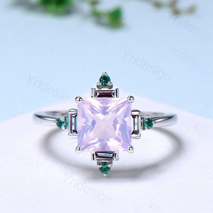 Unique 2 carat princess cut lavender amethyst ring halo baguette alexandrite purple engagement ring 14k white gold art deco anniversary gift - PENFINE