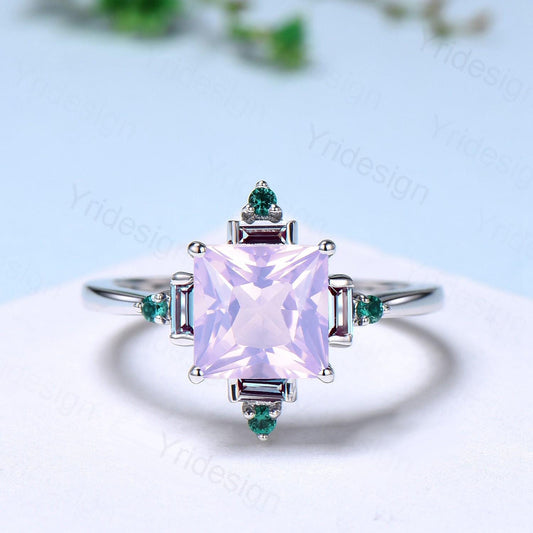 Unique 2 carat princess cut lavender amethyst ring halo baguette alexandrite purple engagement ring 14k white gold art deco anniversary gift - PENFINE