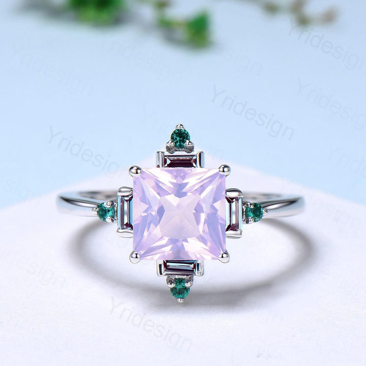 Unique 2 carat princess cut lavender amethyst ring halo baguette alexandrite purple engagement ring 14k white gold art deco anniversary gift - PENFINE