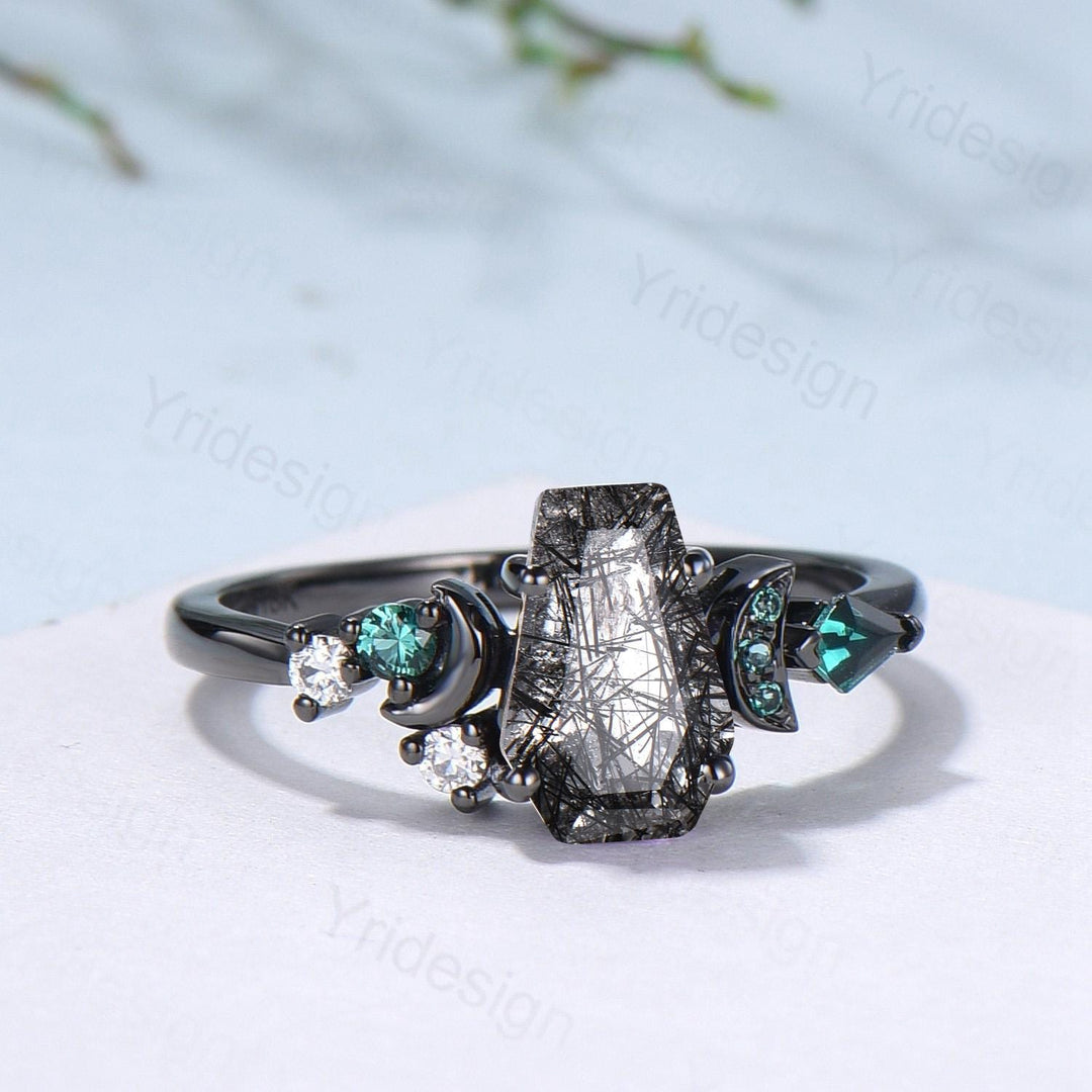 Coffin cut black rutilated quartz ring Black gold gothic engagement ring moon cluster emerald wedding ring anniversary promise ring for girl - PENFINE