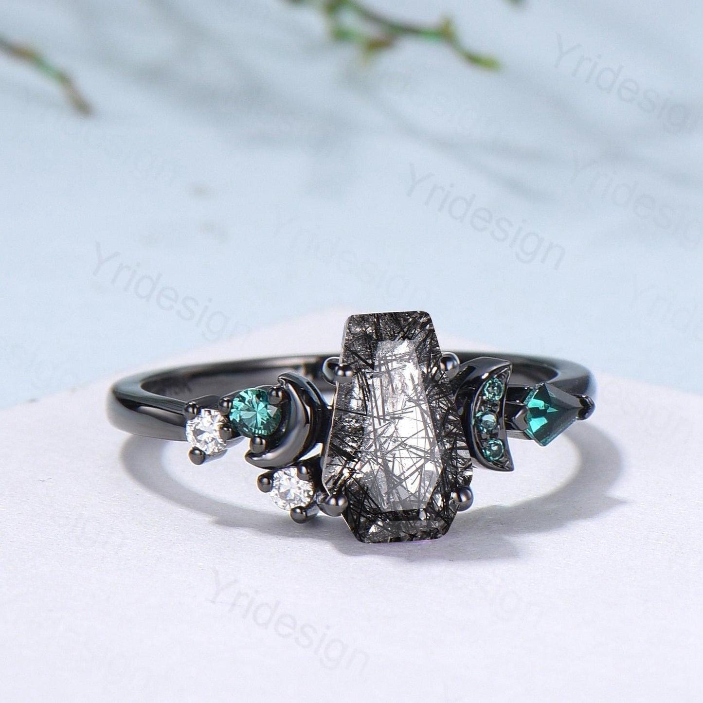 Coffin cut black rutilated quartz ring Black gold gothic engagement ring moon cluster emerald wedding ring anniversary promise ring for girl - PENFINE